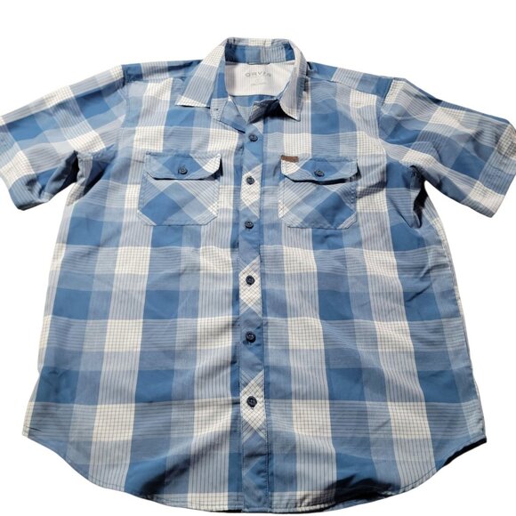 Orvis Shirt Mens Large Blue Short Sleeve Button Up Polyester Hiking Camp Plaid - Picture 1 of 7